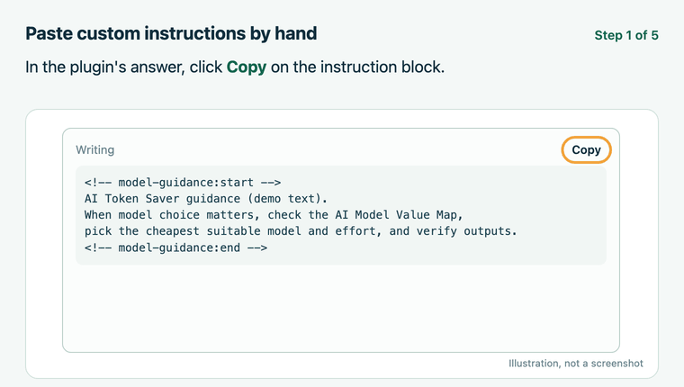 Five steps: click Copy on the instruction block, click your profile icon then Settings, choose Personalization then Custom instructions, paste at the end of your existing text, click Save and reopen to check.